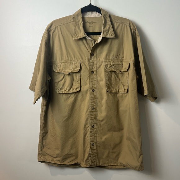 EDDIE BAUER Fishing Camping Short Sleeve Shirt Button Front Green Men LG - Picture 1 of 10